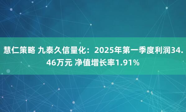 慧仁策略 九泰久信量化：2025年第一季度利润34.46万元 净值增长率1.91%